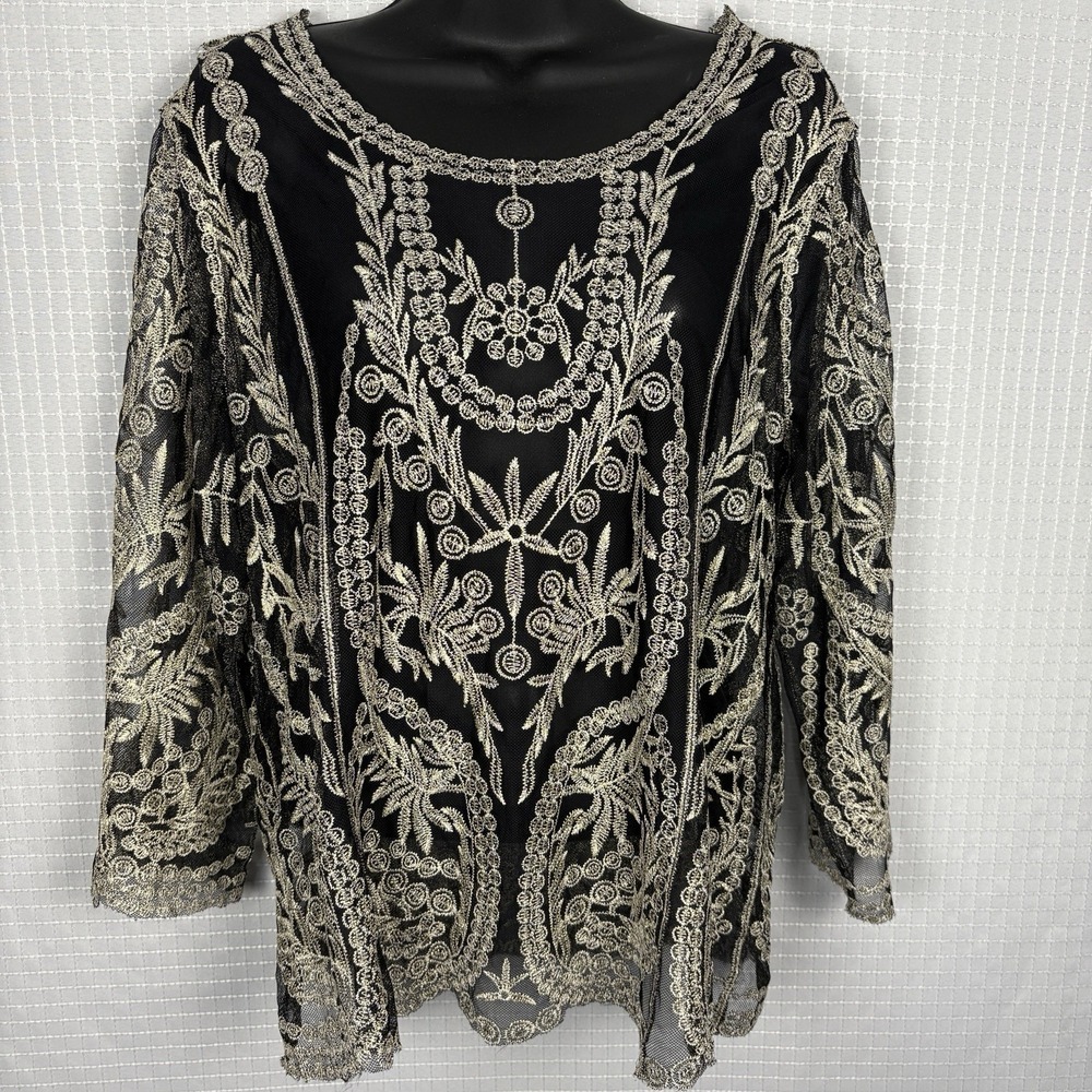 Ultra Pink Embroidered Blouse Womens Large Sheer Overlay‎ Sparkle Event